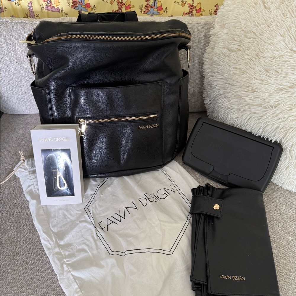 Fawn Design Black Leather Backpack with Gold Hardware
